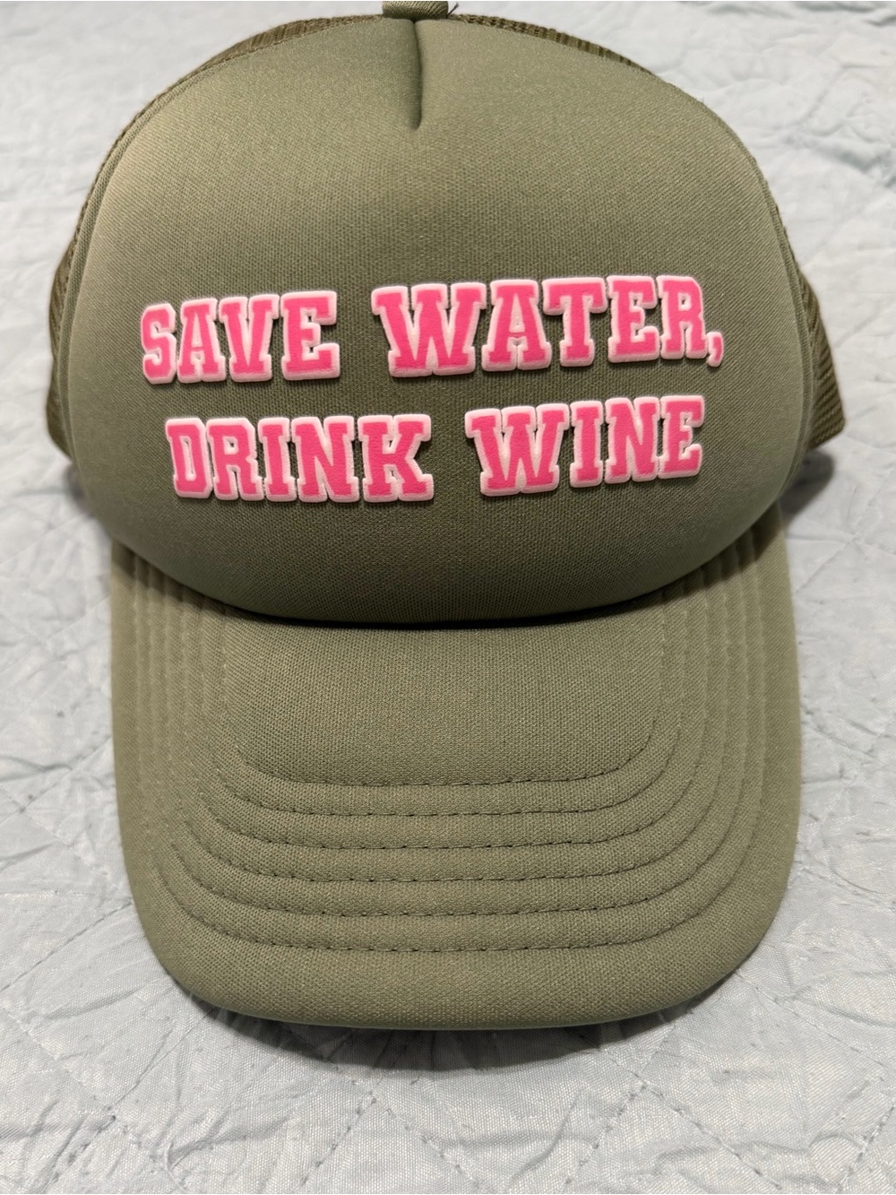 Olive Trucker Hat with Pink "Save Water, Drink Wine" Puff Lettering